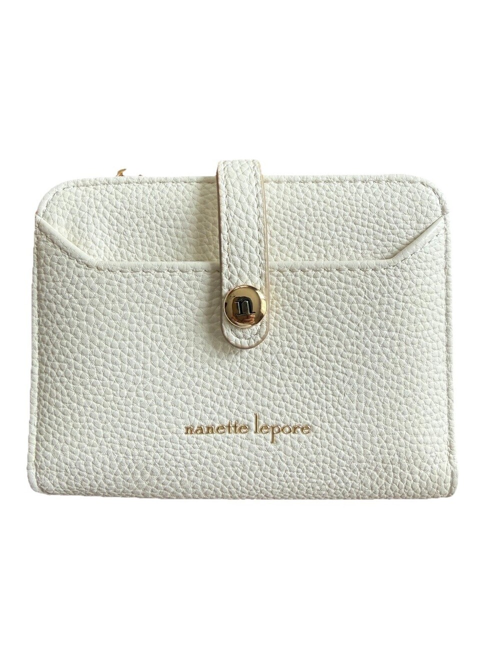 Nanette Lepore Ivory Pebbled Vegan Faux Leather Gold Accents Bifold Wallet